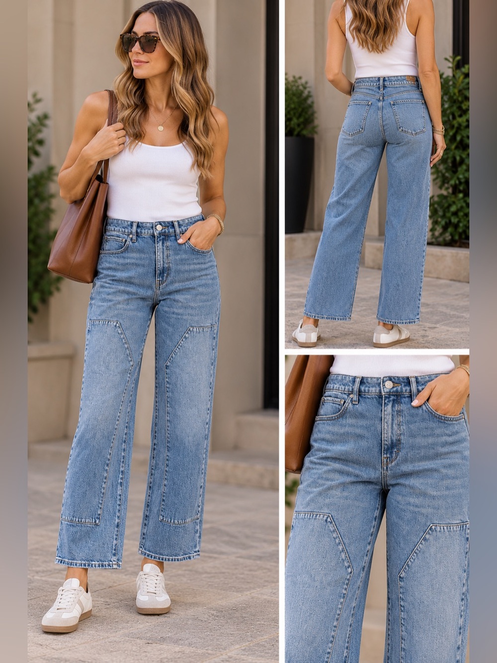 WHBM High Rise Wide Leg Utility Patchwork Jeans Blue Denim